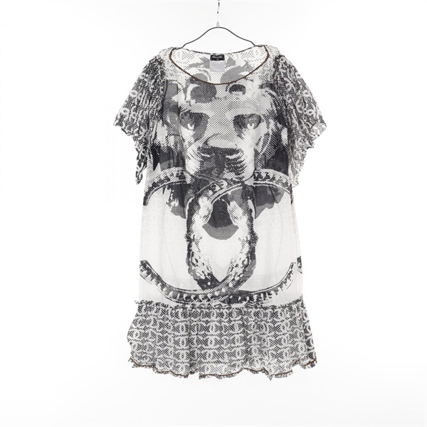 CHANEL Lion COCO Mark Dress P37297V27082 cotton silk White Black Used Women #40