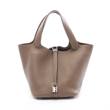 HERMES Picotin Lock MM Hand bag B Taurillon Clemence Etoupe Grey Used SHW
