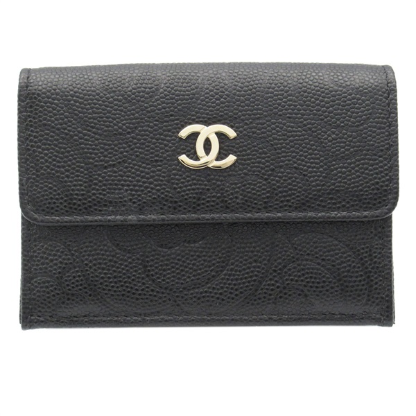 CHANEL Camellia Tri-fold Wallet purse leather Black Used GHW