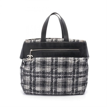 CHANEL COCO Mark Tote hand Bag Nylon leather tweed Gray Black Used SHW