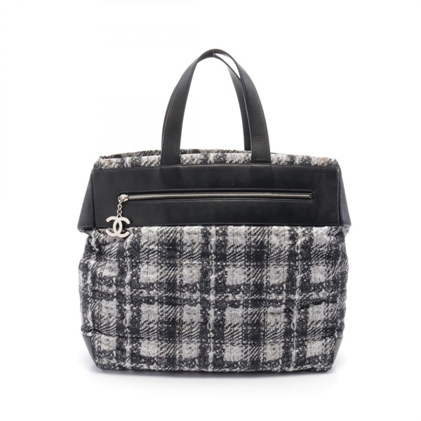 CHANEL COCO Mark Tote hand Bag Nylon leather tweed Gray Black Used SHW