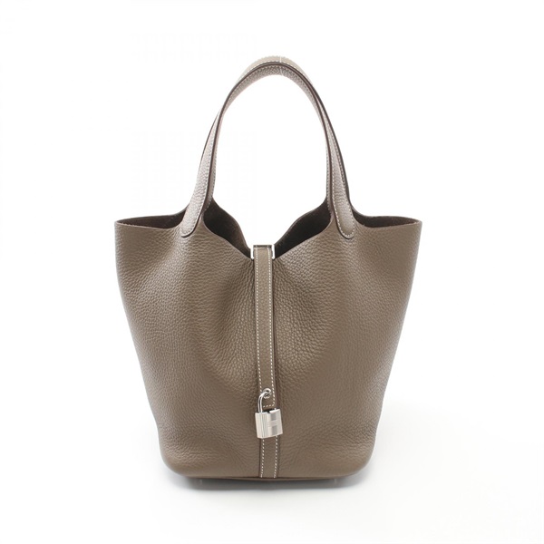 HERMES Picotin Lock MM Handbag Taurillon Clemence leather Etoupe Grey Used W SHW