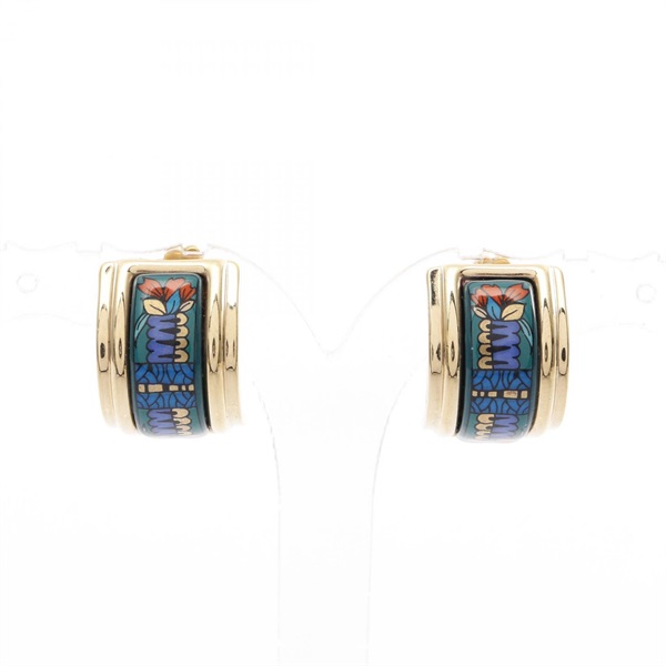 HERMES Emaille clip Earrings Gold Plated Cloisonne Gold Green Multicolor Used