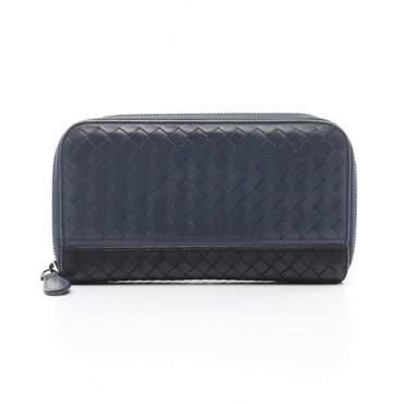 BOTTEGA VENETA Intrecciato Around long wallet purse leather Blue Black Used
