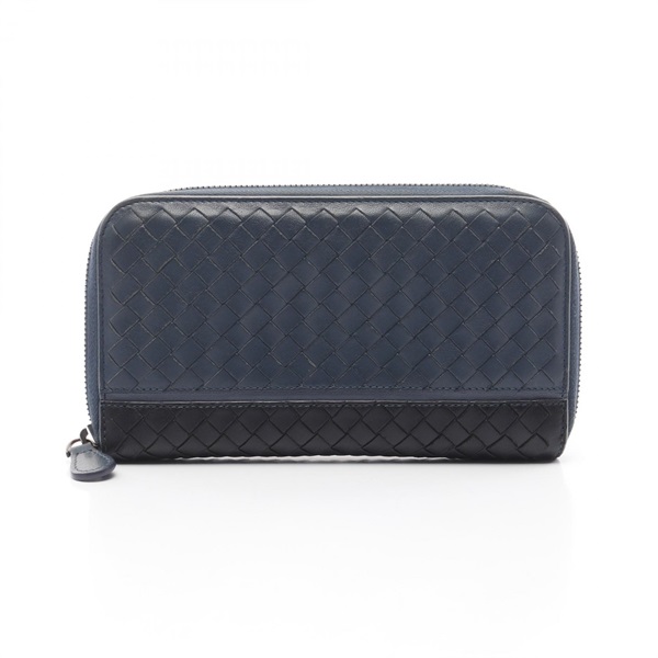 BOTTEGA VENETA Intrecciato Around long wallet purse leather Blue Black Used