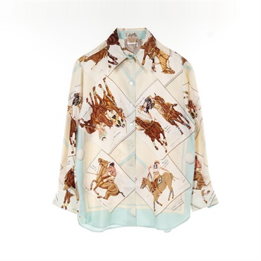 HERMES blouse silk Shirts Tops Beige Blue Multicolor Used Women size 40