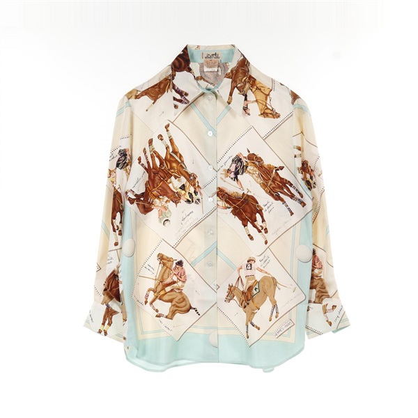HERMES blouse silk Shirts Tops Beige Blue Multicolor Used Women size 40