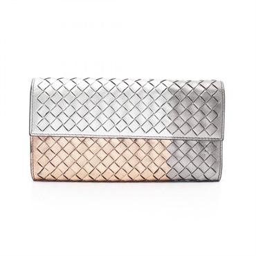 BOTTEGA VENETA Intrecciato Bifold purse long wallet leather Silver Gray Pink