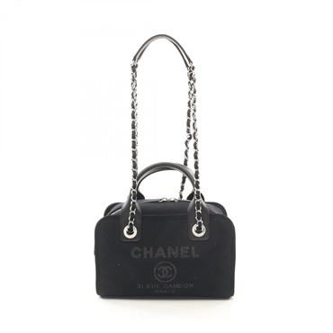 CHANEL Deauville bowling 2way chain Shoulder Bag A92749 canvas leather BK Used