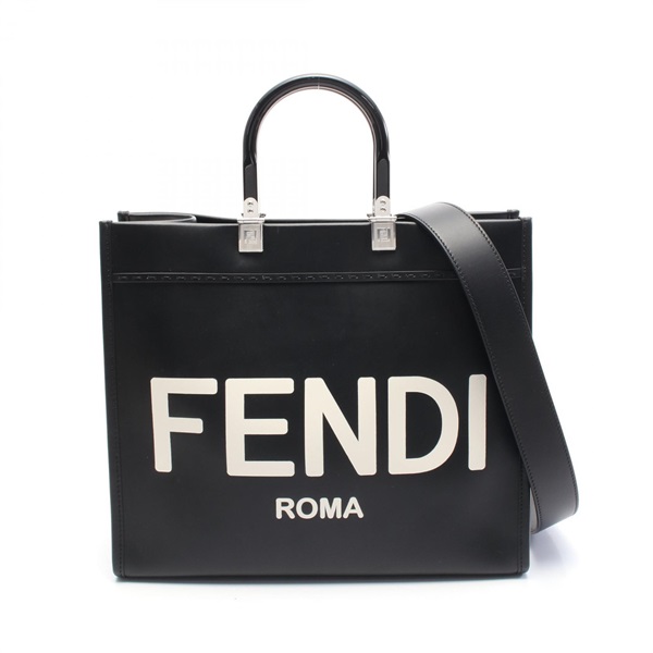 FENDI SUNSHINE MEDIUM 2way shoulder Hand Tote Bag 8BH386 leather Black Used logo