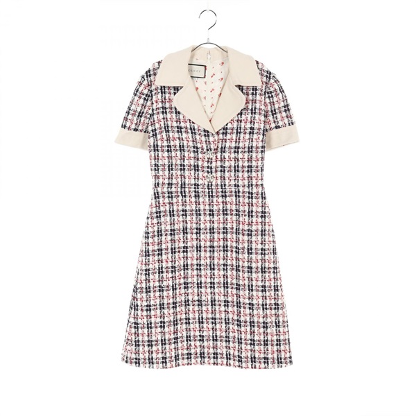 GUCCI Tweed Dress 530704 Fabric Beige Black Red #40 Used Women