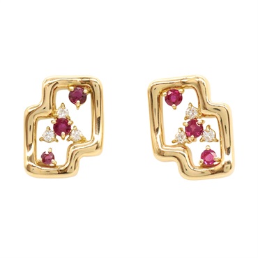 JEWELRY Ruby Diamond Pierced Earrings 18KYG Yellow Gold Red Used women