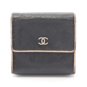 CHANEL COCO Mark Embossed Stitch Tri-fold Wallet A33910 Leather Black SHW Used