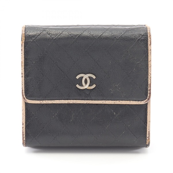 CHANEL COCO Mark Embossed Stitch Tri-fold Wallet A33910 Leather Black SHW Used