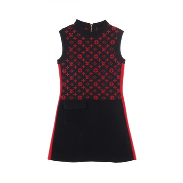 LOUIS VUITTON Monogram Dress RW202W XZS wool cotton silk Black Red Used Women XS