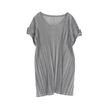 PLEATS PLEASE Short Sleeve Dress PP13-JH686 Cotton Poly Gray Black #3 Used Women