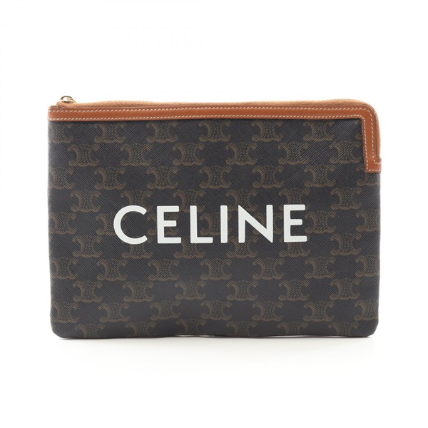 CELINE Triomphe Pouch Clutch Bag 10D672BZQ04LU Canvas Leather Black Brown Used