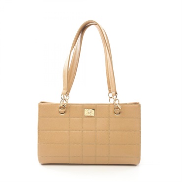 CHANEL Chocolate bar Tote Bag shoulder leather Grained calfskin Beige Used GHW
