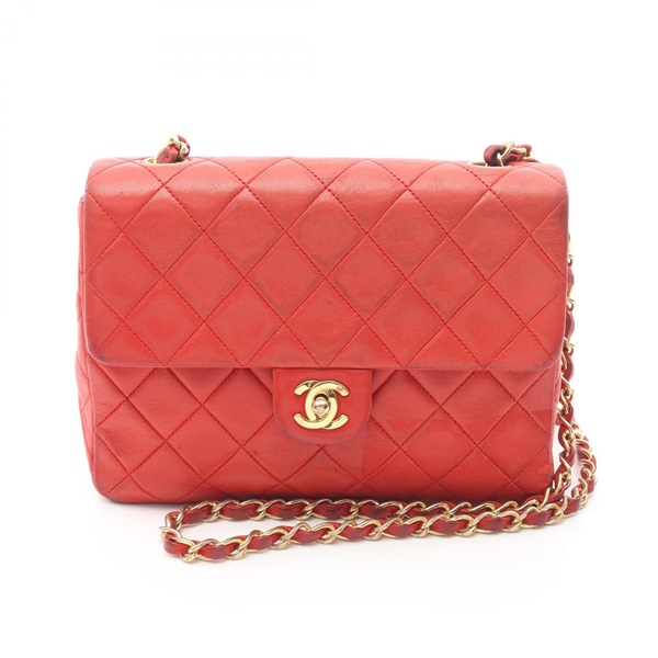 CHANEL Matelasse Chain Shoulder Bag Lamb sheep leather Red Used crossbody GHW CC
