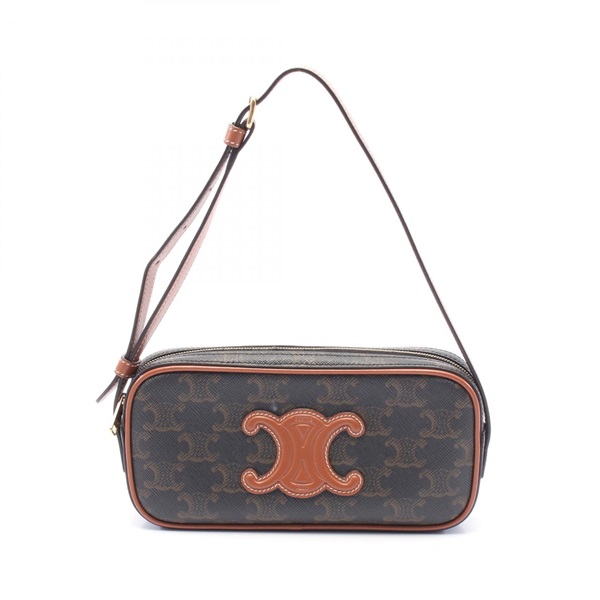 CELINE Cuir Triomphe Mini Camera Shoulder Bag canvas leather Brown black Used