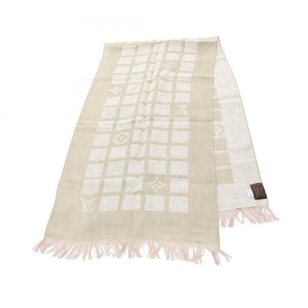 LOUIS VUITTON Monogram Stole wrap wool Cashmere silk Green Beige Used Women LV