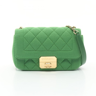 CHANEL Matelasse single flap Chain Shoulder Bag leather Cotton jersey Green Used
