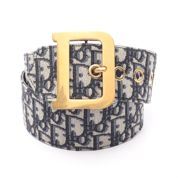 Christian Dior Oblique jacquard belt canvas leather Navy Used Women