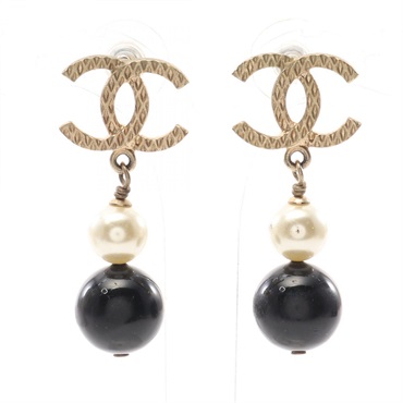 CHANEL COCO Mark Pierced earrings Gold Plated Artificial pearl White Black Used