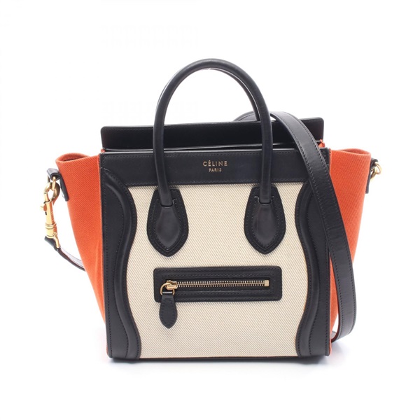 CELINE Luggage Nano Shopper Shoulder Handbag 168243 canvas leather Beige Orange