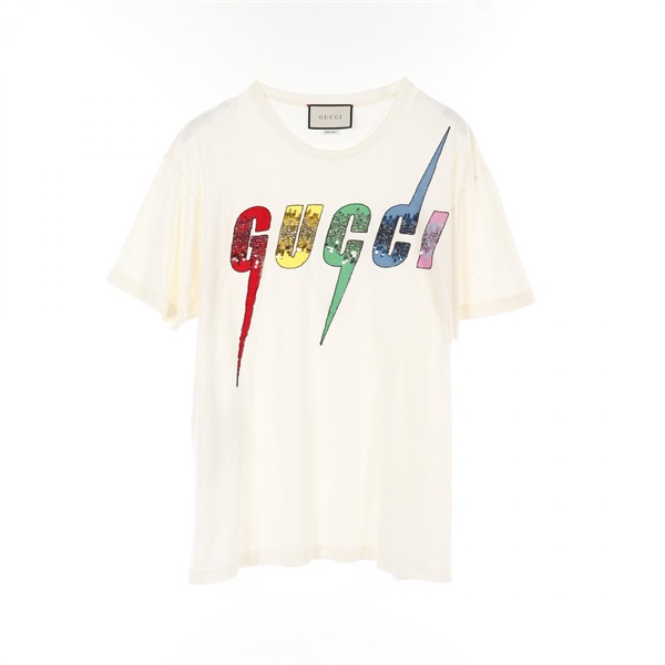 GUCCI Blade logo sequin embroidery T-shirt #L 539081 cotton Beige Multicolor