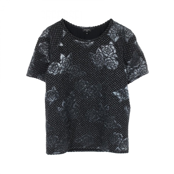 CHANEL Camelia T-shirt P55521 Nylon polyester Black Blue Used Women size 42