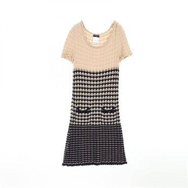 CHANEL COCO Mark button Dress P43366 Rayon cotton silk Navy Beige Used Women #34