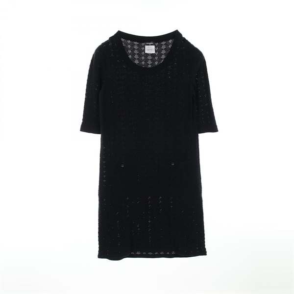 CHANEL COCO Mark button Dress P45651 cotton Black Used Women size 40 CC