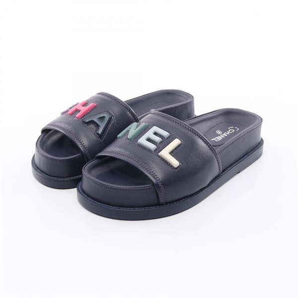 CHANEL Sandals shoes flat G38933 leather Navy Multicolor Used Women size 36 CC