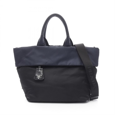 PRADA TESSUTO DOUBLE Shoulder Tote Bag B1959V Nylon leather Black Navy Used