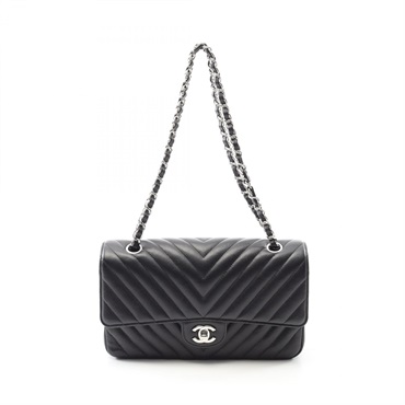 CHANEL Chevron V Stitch Chain Shoulder Bag leather Black Used Women SHW CC Coco
