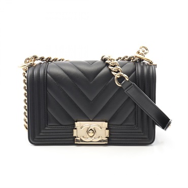 CHANEL Boy Chanel Small V Stitch Shoulder Bag A67085 Lamb leather Black Used GHW