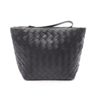 BOTTEGA VENETA Intrecciato Pouch Clutch Bag leather Black Used Women