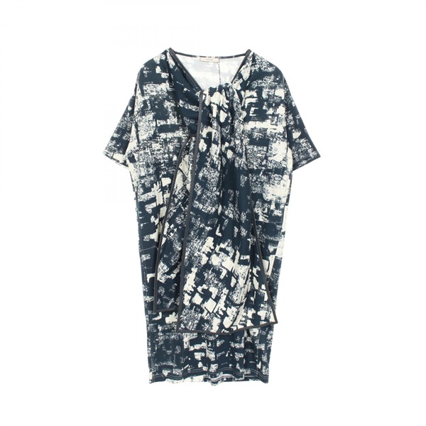 CELINE Dress 2 6AP5/382A cotton leather Navy White Used Women size S