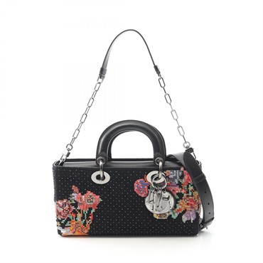 Christian Dior LADY D-JOY Medium 2Way Chain Shoulder Handbag canvas Black Used