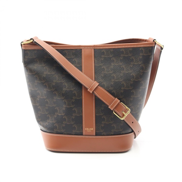 CELINE Small Bucket Triomphe Shoulder Bag canvas leather Black Brown Used Women