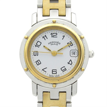 HERMES Clipper Combi Wrist Watch CL4.220 Quartz Gold Plated SS Used Women