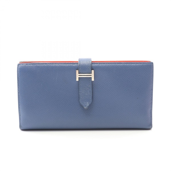 HERMES Bearn Soufflet Bi-fold long wallet purse C Epsom leather Blue Used Women