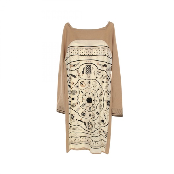HERMES Les flacons Bandana Twill Laine Dress *77-7768 Silk Wool Beige #36 Women