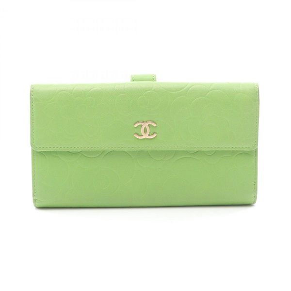 CHANEL Camellia Double Sided Bifold purse wallet leather Green Used Women GHW CC