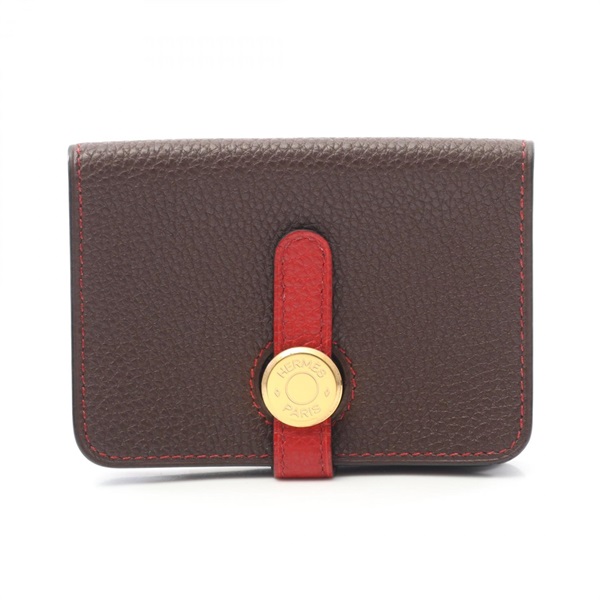 HERMES Dogon Card Case holder L Togo leather chocolate Rouge garance Used GHW
