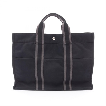 HERMES Fourre-toutMM Hand Tote Bag canvas Black Gray Used Women