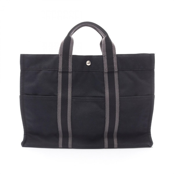 HERMES Fourre-toutMM Hand Tote Bag canvas Black Gray Used Women