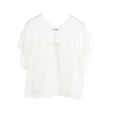 CHANEL COCO Mark Short Sleeve Blouse P17796W02793 Cotton Beige #42 Used Women