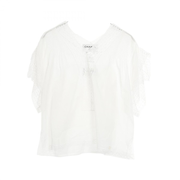 CHANEL COCO Mark Short Sleeve Blouse P17796W02793 Cotton Beige #42 Used Women